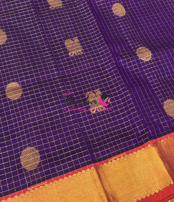 Pure Silk Cotton Saree - Mayil & Chakkaram Design - Dark Purple With Peach Shade -VVMC002