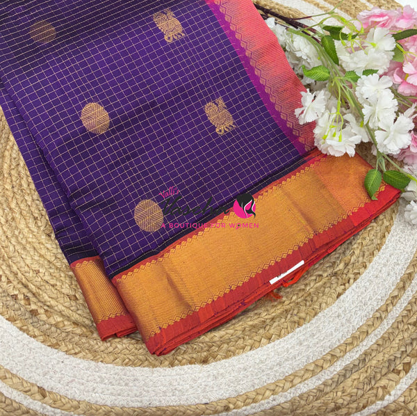 Pure Silk Cotton Saree - Mayil & Chakkaram Design - Dark Purple With Peach Shade -VVMC002