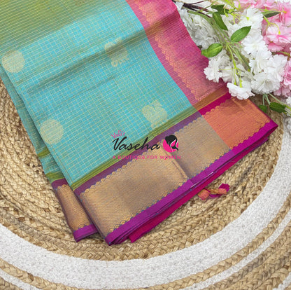 Pure Silk Cotton Saree - Mayil & Chakkaram Design - Dual Tone Green With Pink Shade  -VVMC002