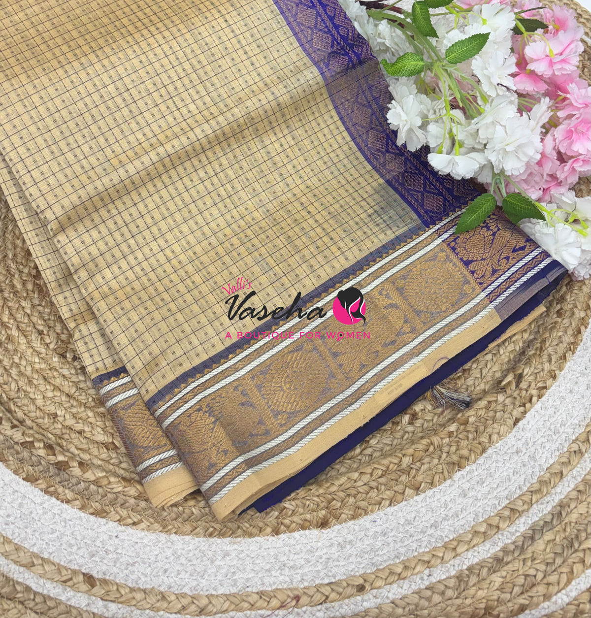 Pure Silk Cotton Saree - Cream With Blue Shade - Lakshadeepam Design - VVPLD001