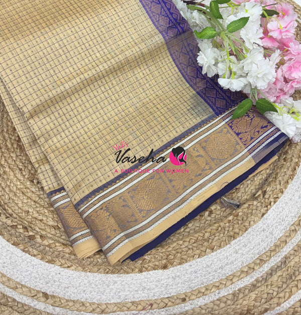 Pure Silk Cotton Saree - Cream With Blue Shade - Lakshadeepam Design - VVPLD001