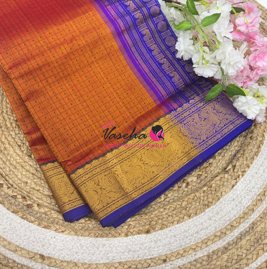 Pure Silk Cotton Saree - Rust Mixed With Blue Shade - Lakshadeepam Design - VVPLD001