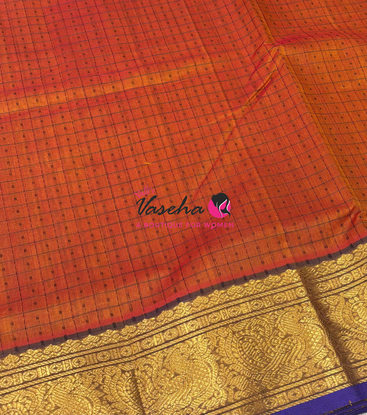 Pure Silk Cotton Saree - Rust Mixed With Blue Shade - Lakshadeepam Design - VVPLD001