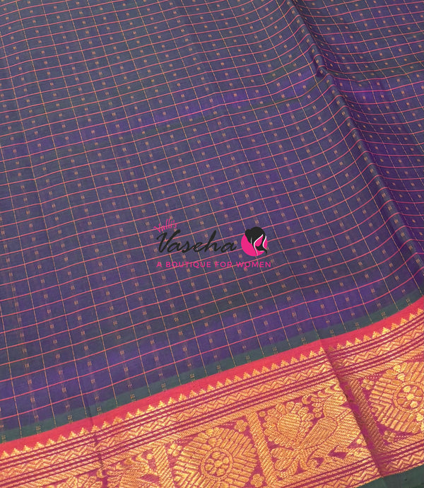 Pure Silk Cotton Saree - Dual Tone Purple With Peach Shade - Lakshadeepam Design - VVPLD001