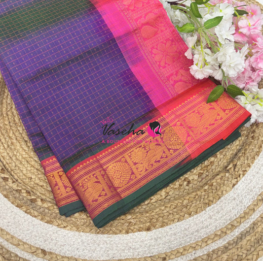 Pure Silk Cotton Saree - Dual Tone Purple With Peach Shade - Lakshadeepam Design - VVPLD001