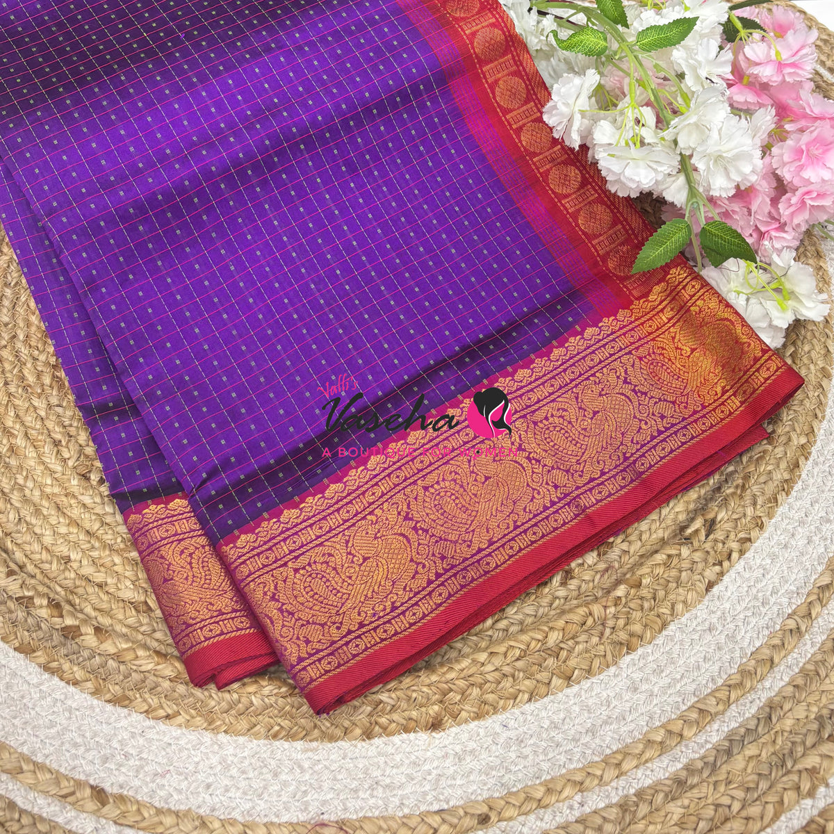Pure Silk Cotton Saree - Purple With Red Shade - Lakshadeepam Design - VVPLD001