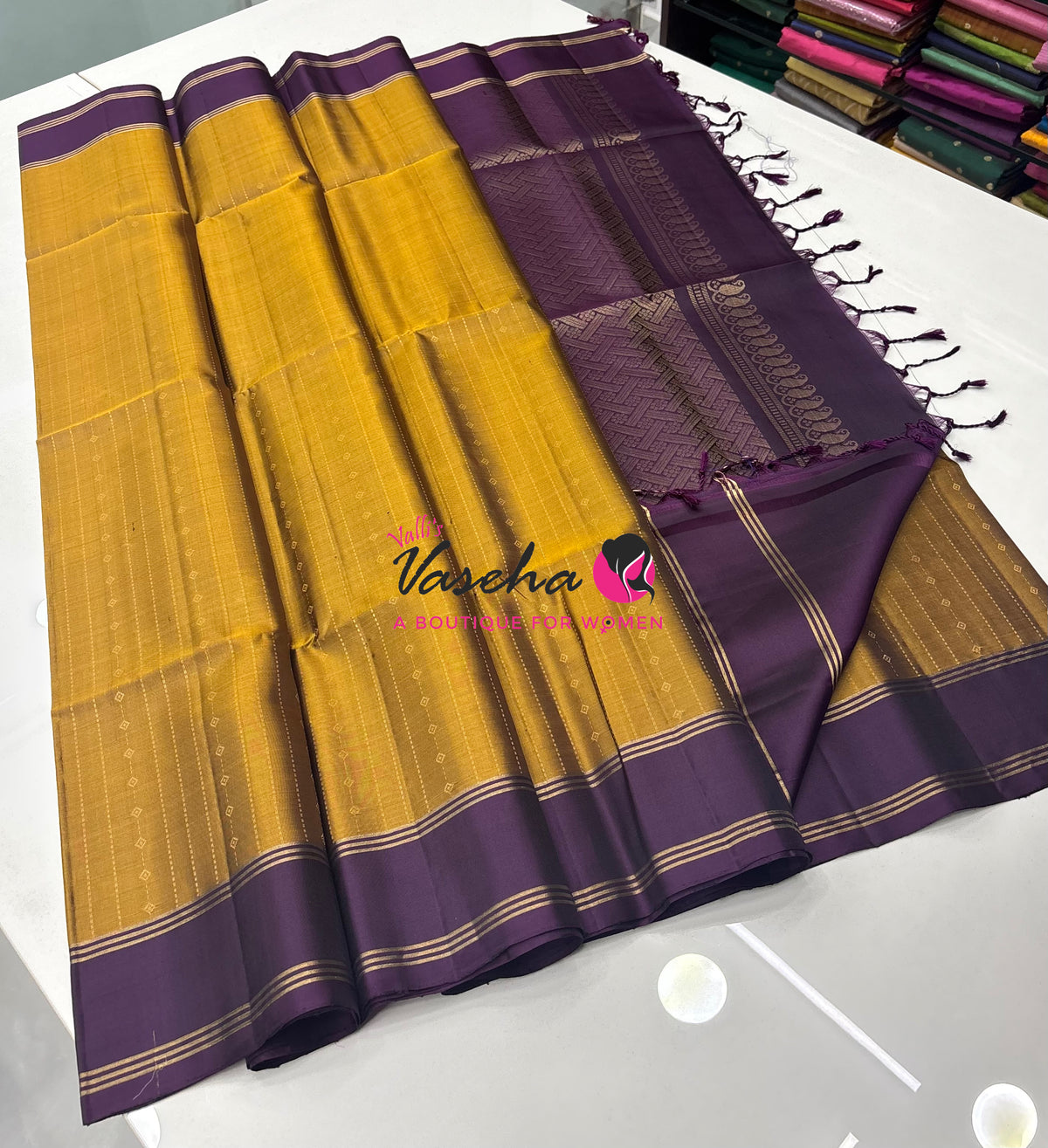Pure Soft Silk Saree  - Mustard Yellow & Purple Combo - VVPSS138