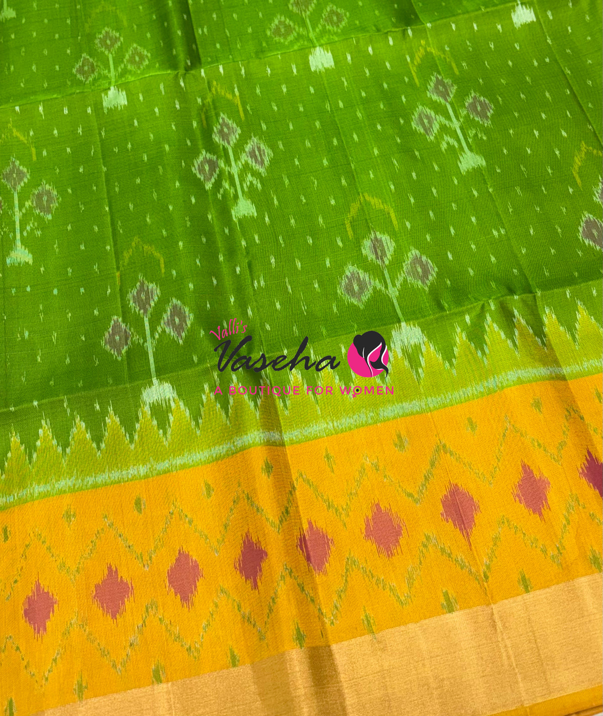 Pure Soft Silk Saree  - Pochampally Design - Green & Yellow Combo - VVPSS110