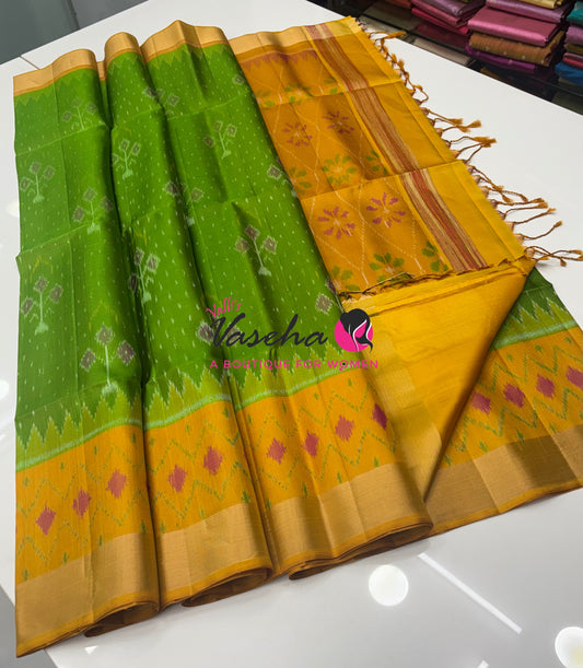 Pure Soft Silk Saree  - Pochampally Design - Green & Yellow Combo - VVPSS110