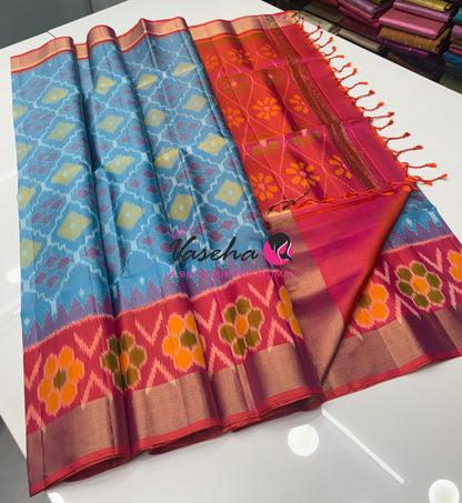 Pure Soft Silk Saree  - Pochampally Design - Blue & Peach Combo - VVPSS110