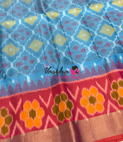 Pure Soft Silk Saree  - Pochampally Design - Blue & Peach Combo - VVPSS110