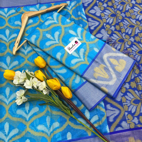 Banarasi Pochampally Weaving Semi Soft Cotton Saree - Light Blue with Blue - VVBPS001