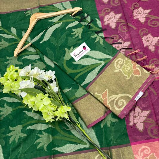 Banarasi Pochampally Weaving Semi Soft Cotton Saree - Green With Purplish Pink - VVBPS001