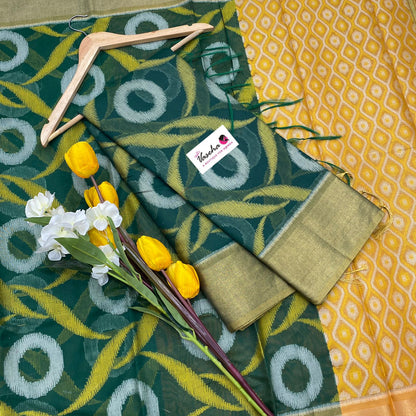 Banarasi Pochampally Weaving Semi Soft Cotton Saree - Green with Mustard Yellow - VVBPS001
