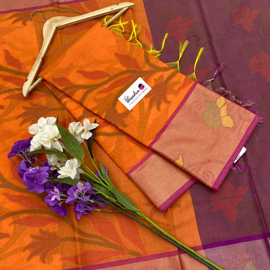 Banarasi Pochampally Weaving Semi Soft Cotton Saree - Orange with Purplish Pink - VVBPS001