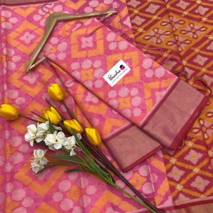 Banarasi Pochampally Weaving Semi Soft Cotton Saree - Pink with Merun - VVBPS001