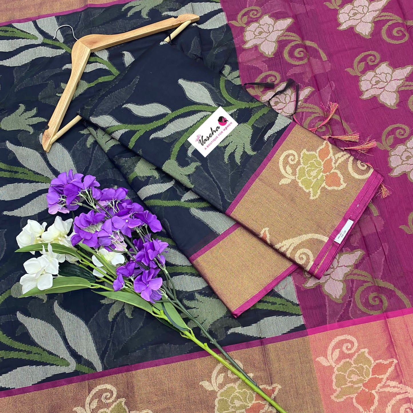 Banarasi Pochampally Weaving Semi Soft Cotton Saree - Black with Purplish Pink - VVBPS001