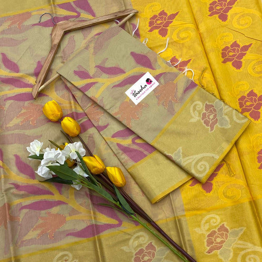 Banarasi Pochampally Weaving Semi Soft Cotton Saree - Cream with Yellow - VVBPS001