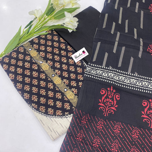 Salwar Material - Embroidered - Cotton - Ikkat & Ajrakh Print - VV107784