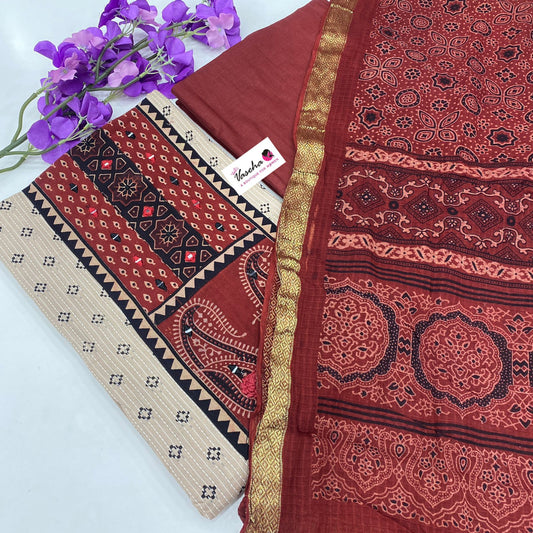 Salwar Material - Embroidered - Cotton - Ajrakh Print - VV107768