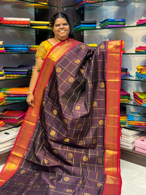 Pure Silk Cotton Saree - Mayil & Chakkaram Design - Brown with Merunish Red - VVMC001