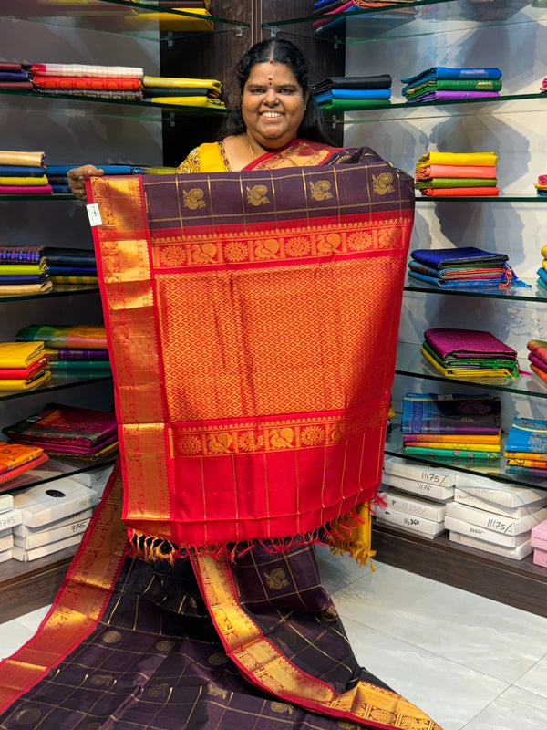 Pure Silk Cotton Saree - Mayil & Chakkaram Design - Brown with Merunish Red - VVMC001