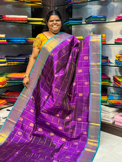 Pure Silk Cotton Saree - Mayil & Chakkaram Design - Purple with Turquoise Blue - VVMC001