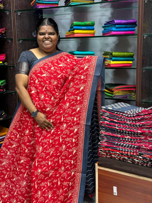 Jute Cotton Saree - Red & Grey Combo