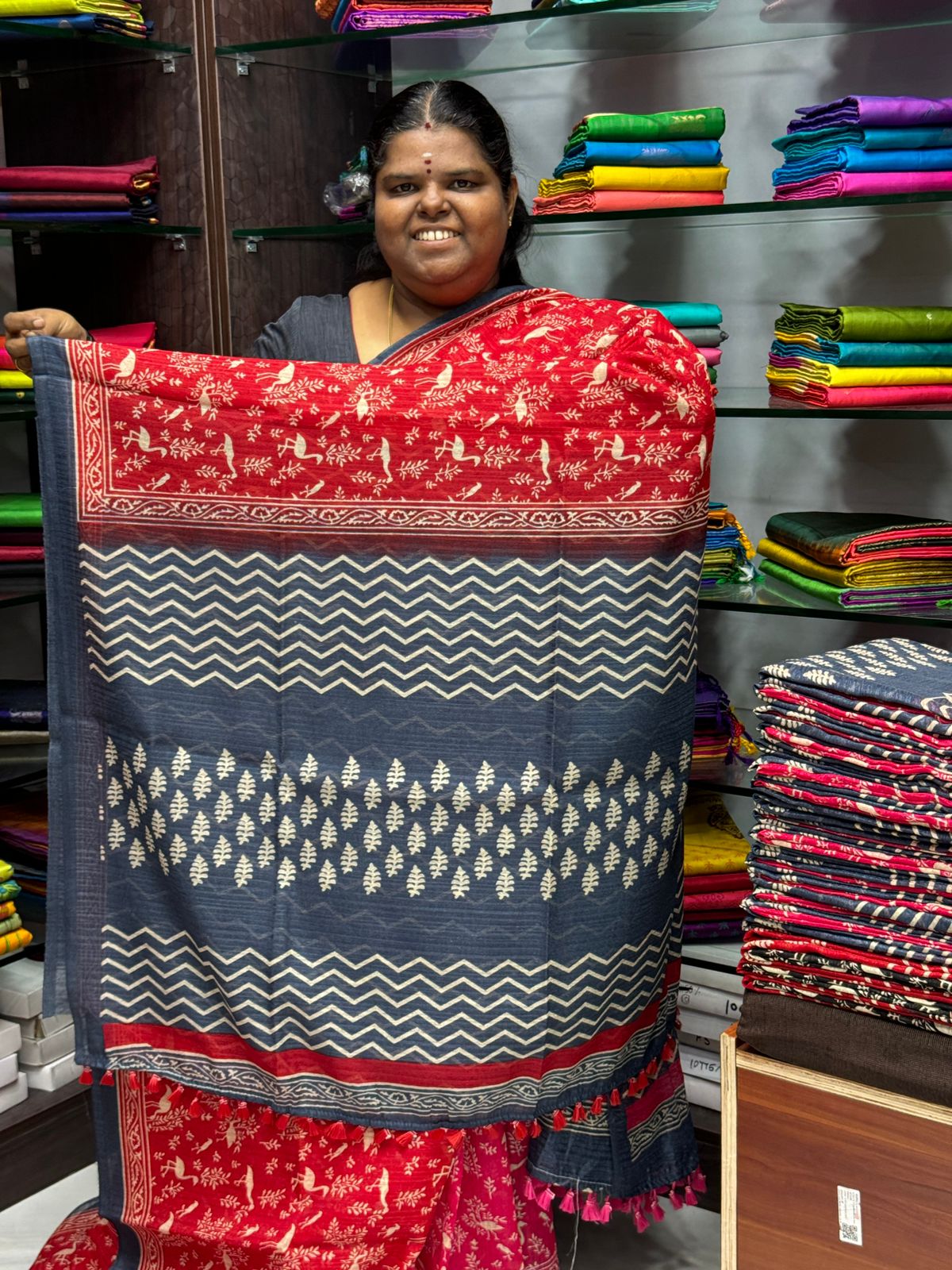 Jute Cotton Saree - Red & Grey Combo