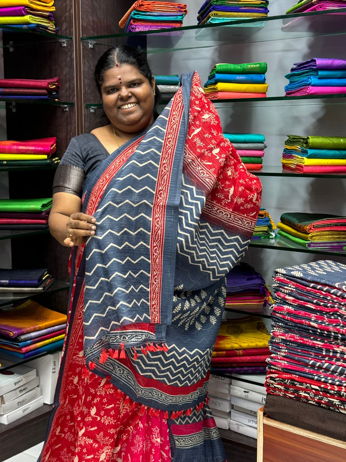 Jute Cotton Saree - Red & Grey Combo