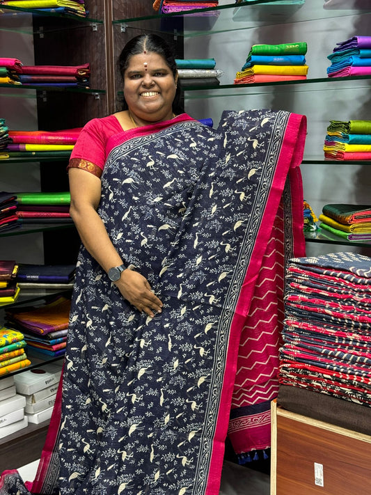 Jute Cotton Saree - Blue & Pink Combo