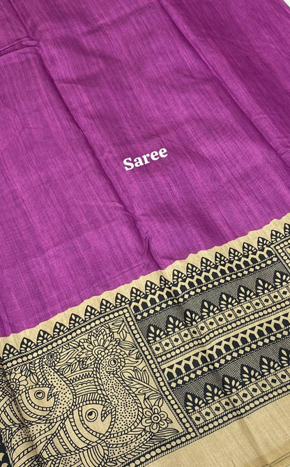 Semi Tussar Saree with Madhubani Prints - Purplish PInk Mixed Shade - VVST002