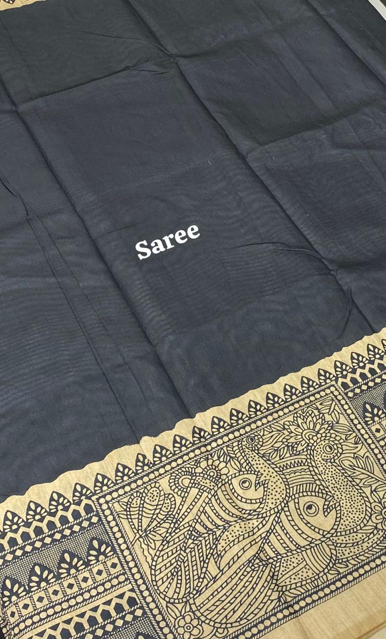 Semi Tussar Saree with Madhubani Prints - Black - VVST002