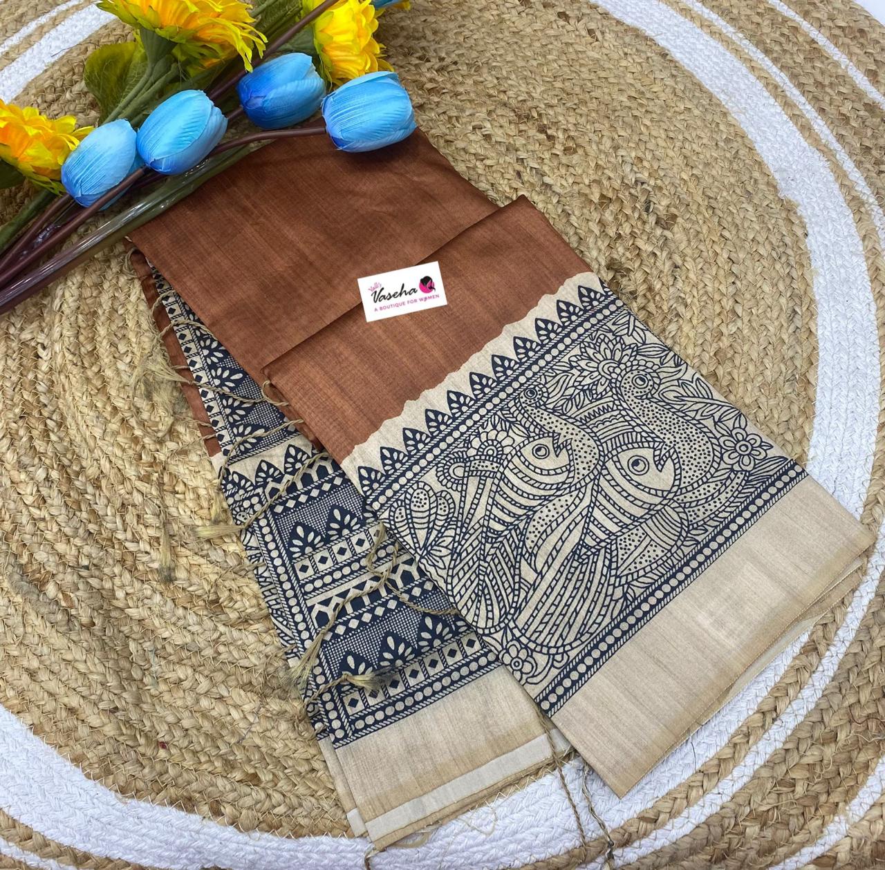 Semi Tussar Saree with Madhubani Prints - Brown - VVST002