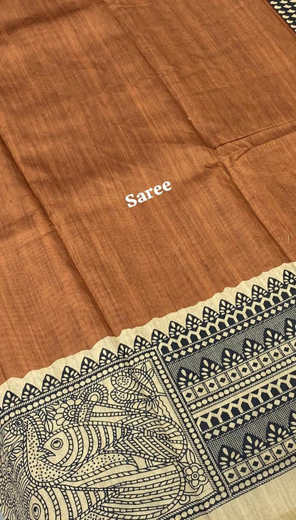 Semi Tussar Saree with Madhubani Prints - Brown - VVST002