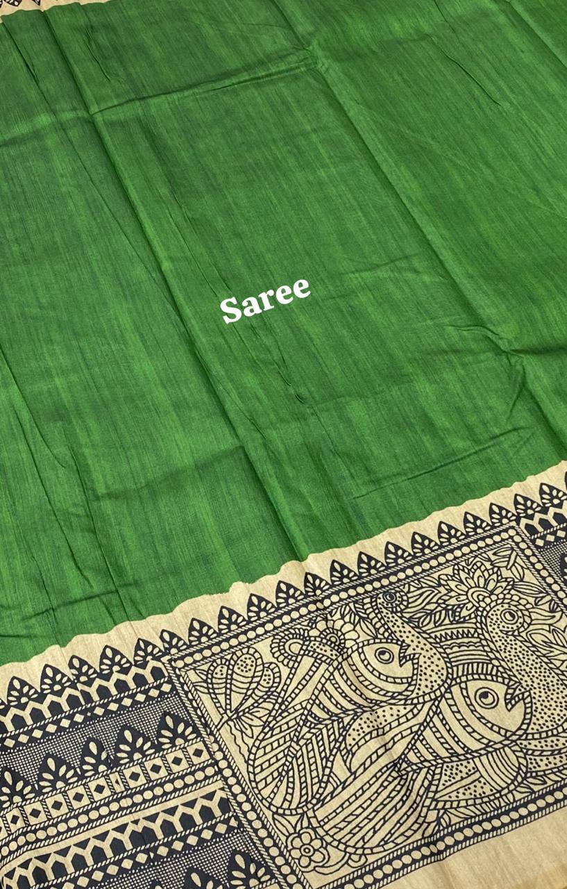 Semi Tussar Saree with Madhubani Prints - Green - VVST002