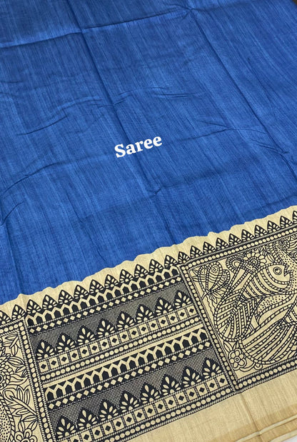 Semi Tussar Saree with Madhubani Prints - Blue - VVST002