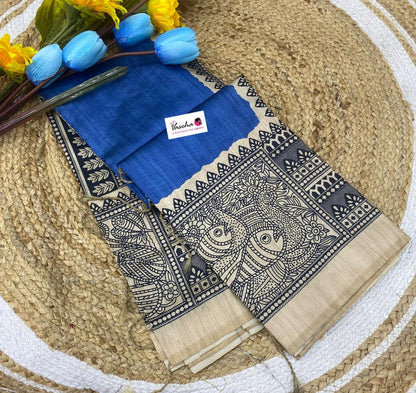 Semi Tussar Saree with Madhubani Prints - Blue - VVST002