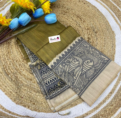 Semi Tussar Saree with Madhubani Prints - Mehandhi Green - VVST002