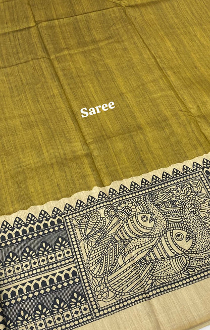 Semi Tussar Saree with Madhubani Prints - Mehandhi Green - VVST002