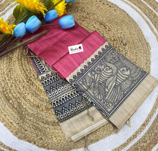 Semi Tussar Saree with Madhubani Prints - Pink Shade - VVST002