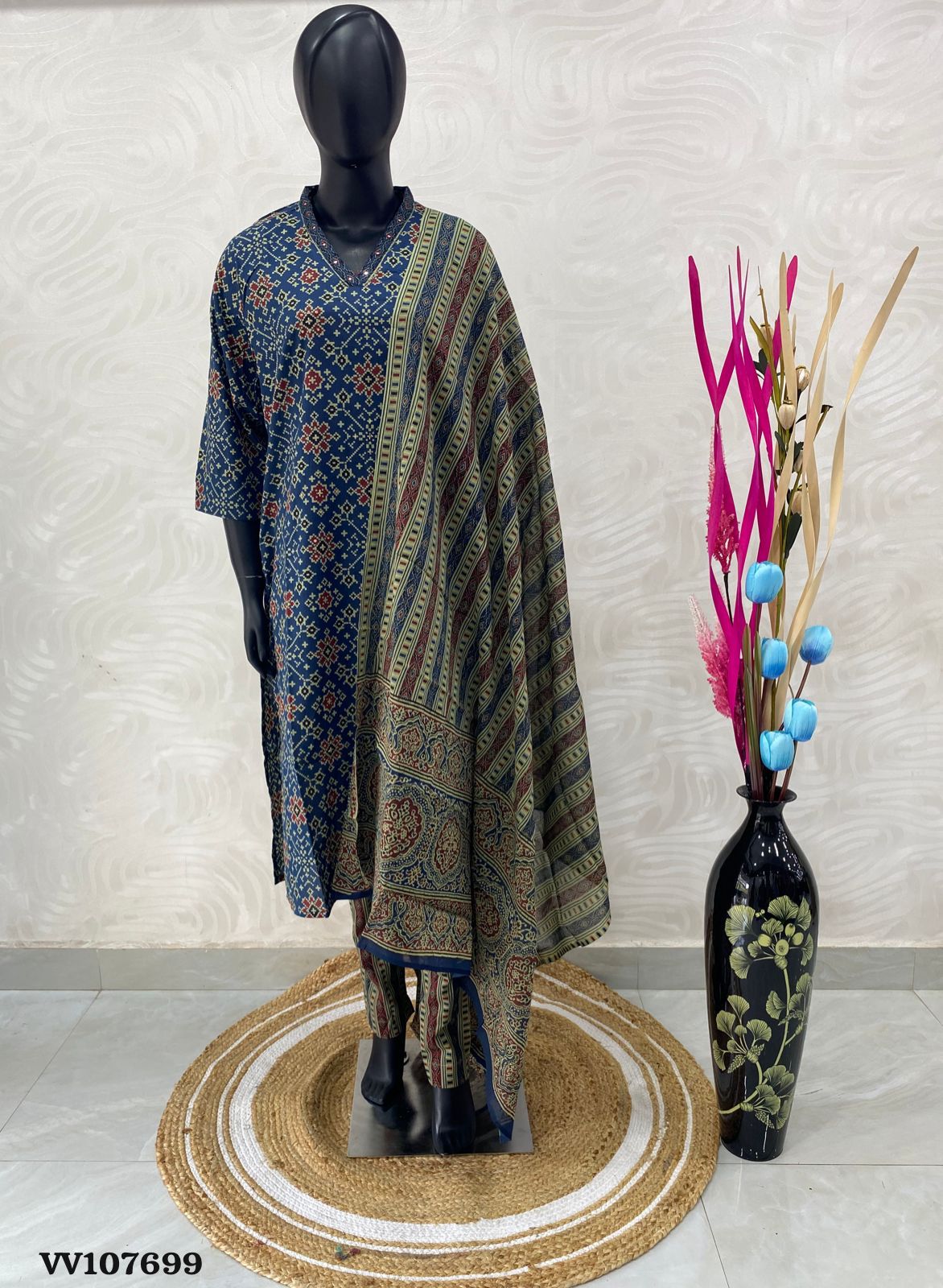 Ready Made - Salwar, Kameez & Duppatta(3pc) - Blue Shade - Ajrakh Print - VV107699