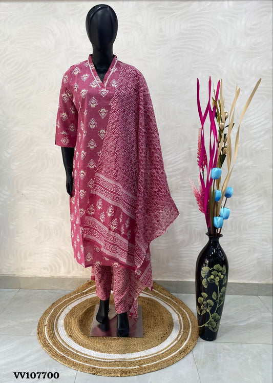 Ready Made - Salwar, Kameez & Duppatta(3pc) - Chanderi Silk Mixed Cotton - 107700