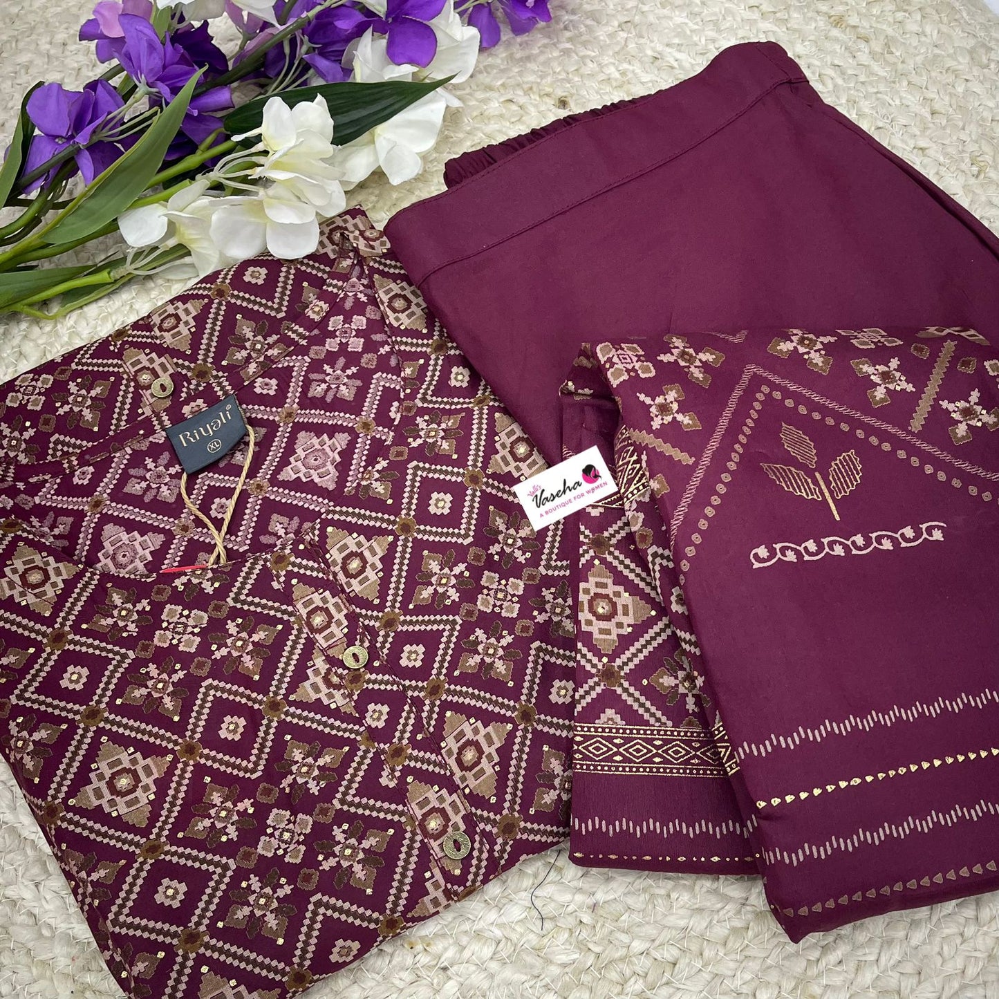 Ready Made - Salwar, Kameez & Duppatta(3pc) - Purplish Merun Color - Semi Muslin/Modal Silk - VV107709