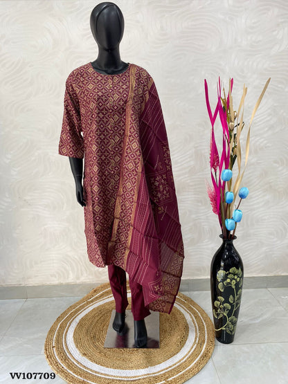 Ready Made - Salwar, Kameez & Duppatta(3pc) - Purplish Merun Color - Semi Muslin/Modal Silk - VV107709