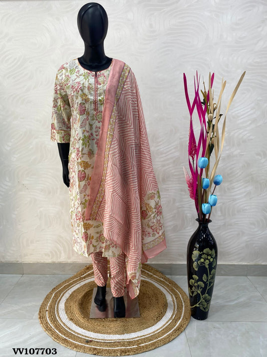 Ready Made - Salwar, Kameez & Duppatta(3pc) - Cotton - 107703