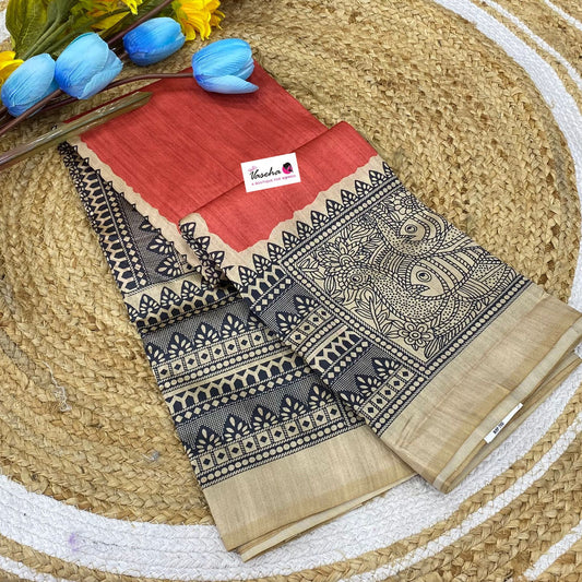 Semi Tussar Saree with Madhubani Prints - Peach Shade - VVST002