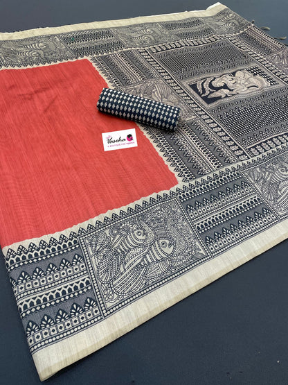 Semi Tussar Saree with Madhubani Prints - Peach Shade - VVST002