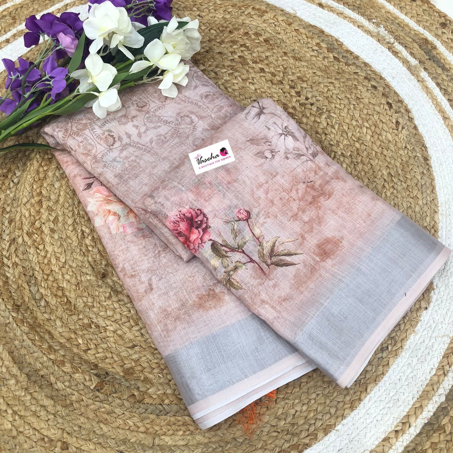 Floral Linen Cotton Saree - Cream Shade