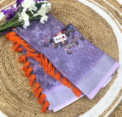 Floral Linen Cotton Saree - Dark Lavender Shade